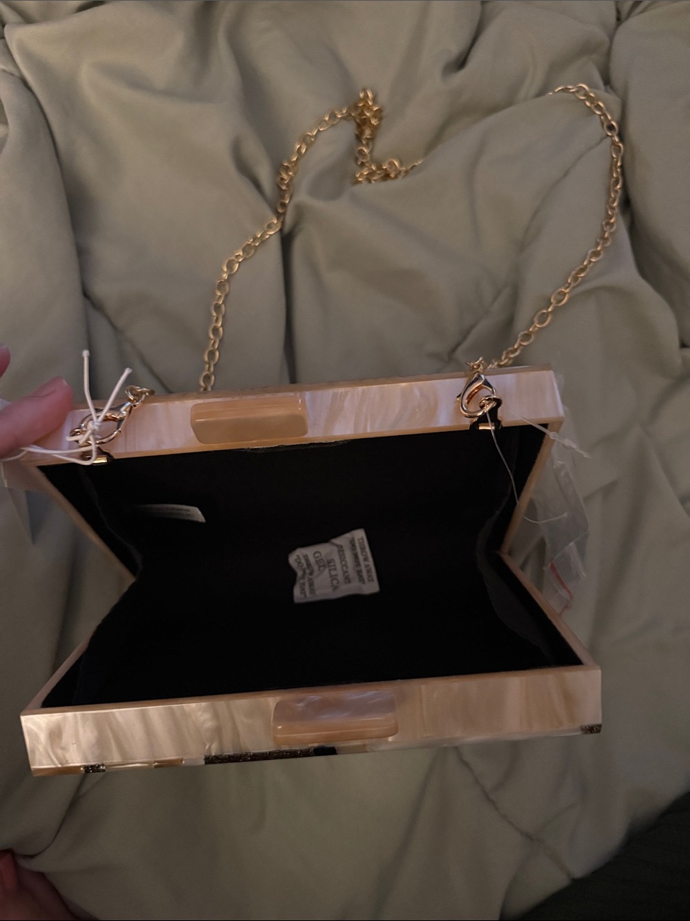 Francescas Pearlized Beige Acrylic Box Clutch with Gold Chain - Picture 2 of 3